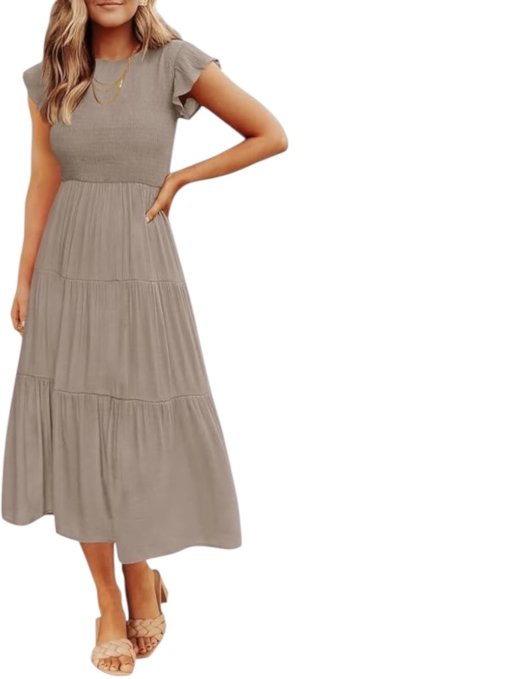 ZESICA Women's  Flutter Short Sleeve Smocked Midi Dress NWT
